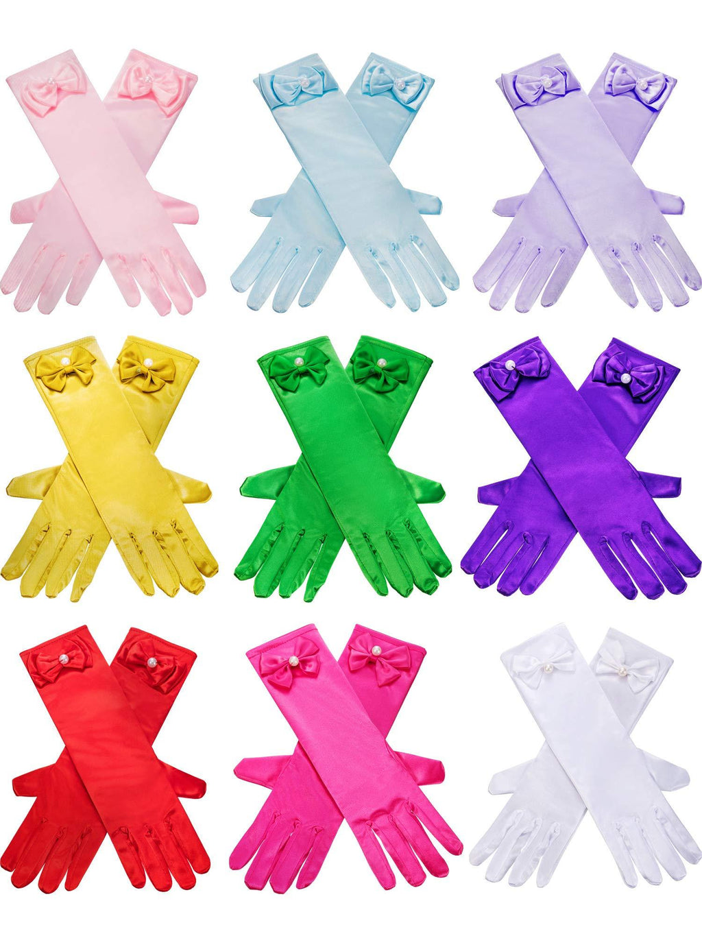 [Australia] - 9 Pairs Girls Satin Gloves Bowknot Gloves Princess Gloves for Kids Party, Wedding, Formal Pageant, Ages 3T to 8 Years, Color 3, Small 