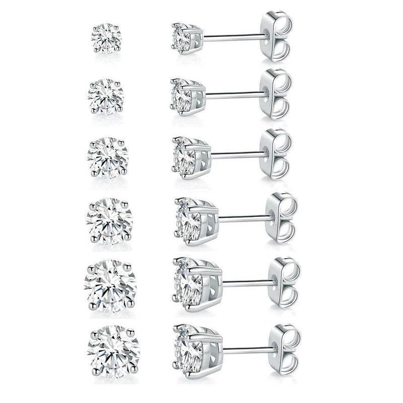 [Australia] - 18K White Gold Plated 4 Pong Round Clear Cubic Zirconia Stud Earring Pack of 6 Pairs (6 Pairs) 