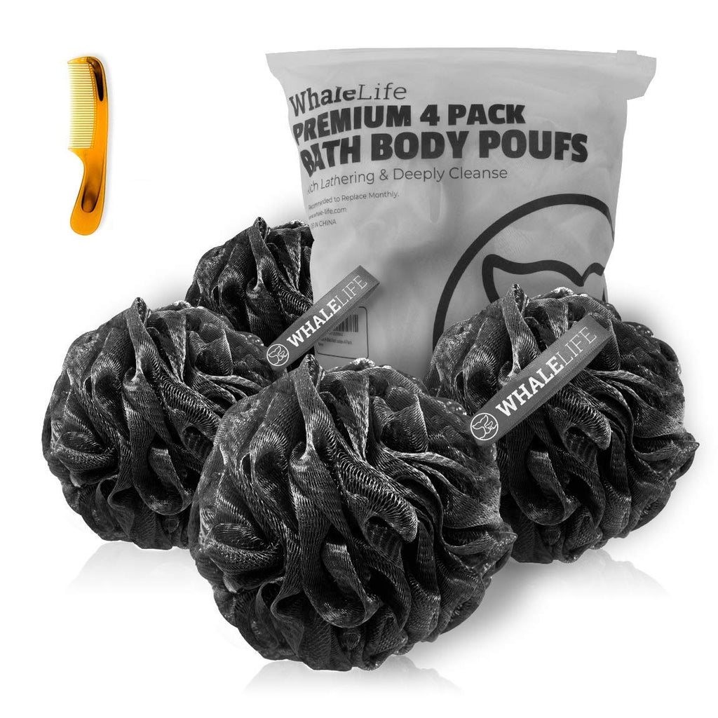 [Australia] - Shower Puff 4 Pack Black Bath Sponge Shower Loofahs Pouf Ball Nature Bamboo Charcoal Mesh Bulk Puffs Large, Shower Essential Skin Care by WhaleLife 