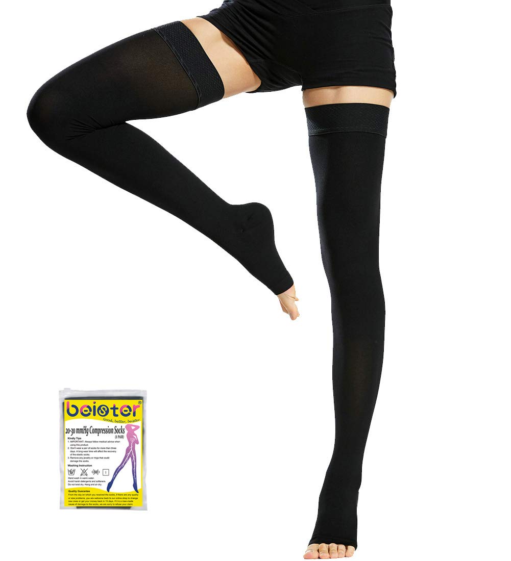 [Australia] - Beister 1 Pair Medical Open Toe Thigh High Compression Stockings with Silicone Band for Women & Men, Firm 20-30 mmHg Graduated Support for Varicose Veins, Edema, Flight. Black Large (Pack of 1) 