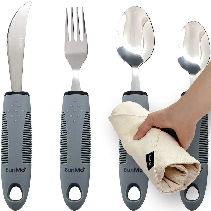 [Australia] - BunMo Adaptive Utensils for Elderly/Arthritis/Weak Hand Grip & Handicapped - Convenient Travel Pouch (4 Piece Set) 4 Piece Set 