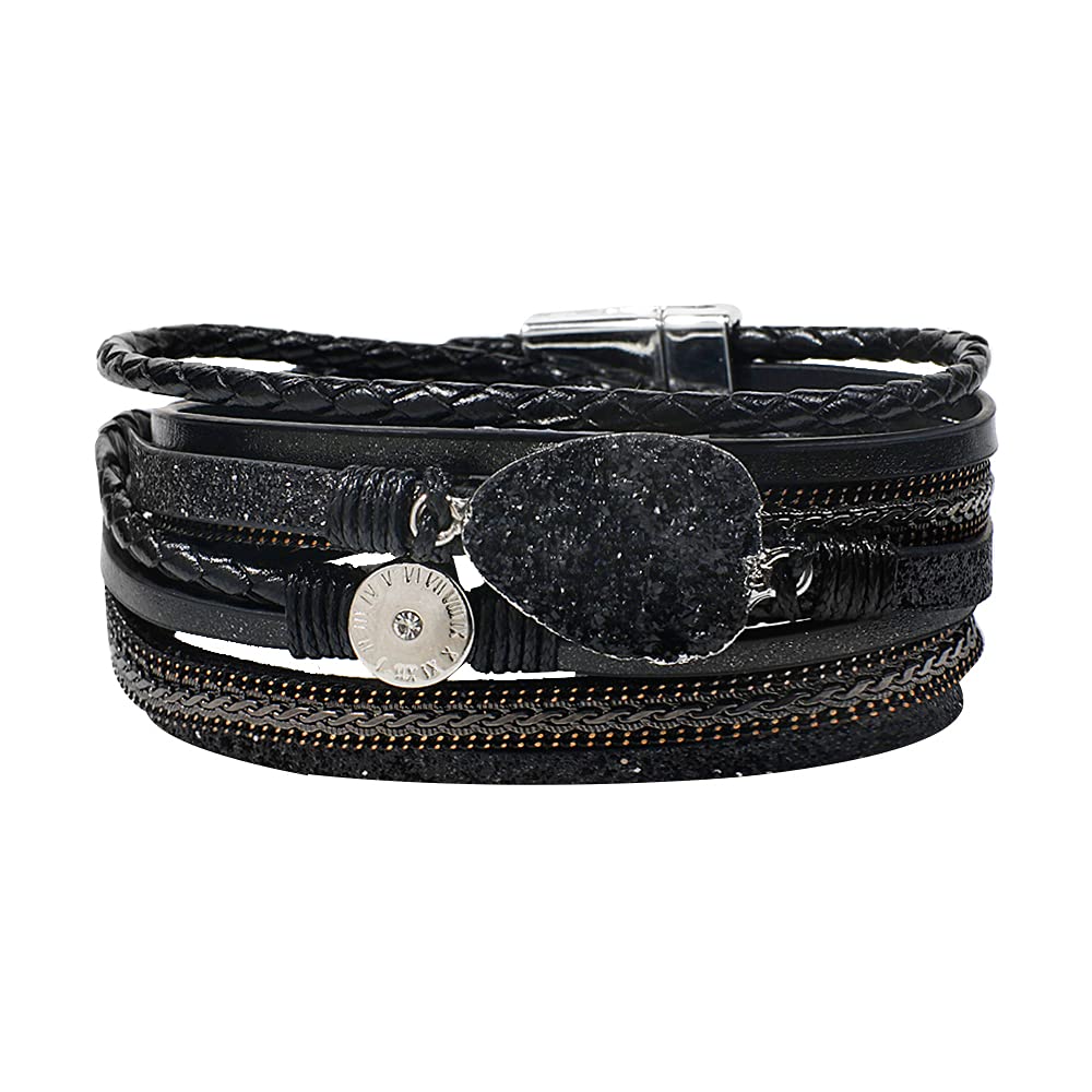 [Australia] - Leather Wrap Bracelet for Women - Handmade Clasp Bangle Bracelet with Pearl Beads Crystal Wristbands Jewelry Gift for Sisters, Teen Girls and Mother Black with druzy 