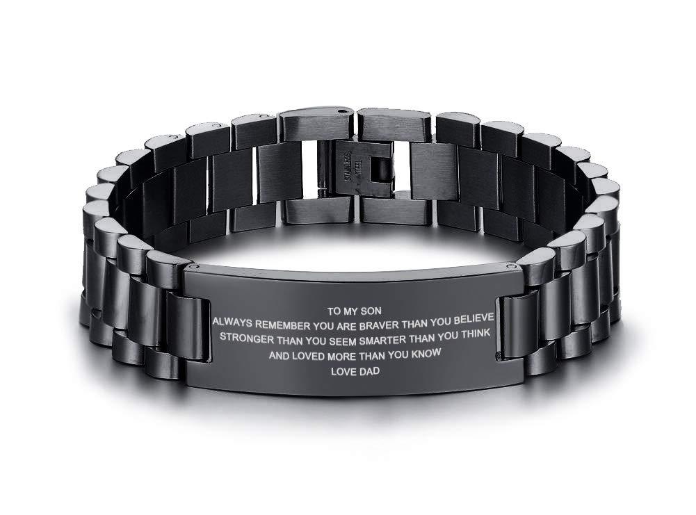 [Australia] - Stainless Steel To My Son Love Mom Courage Inpsirational Wristband Bracelets, Birthday Gifts to Son ,Valentine's Day Gift to Son,Son Bracelet for Valentine's Day Gift from Mom and Dad,Love Son Gift black-love dad always remember you are braver... 