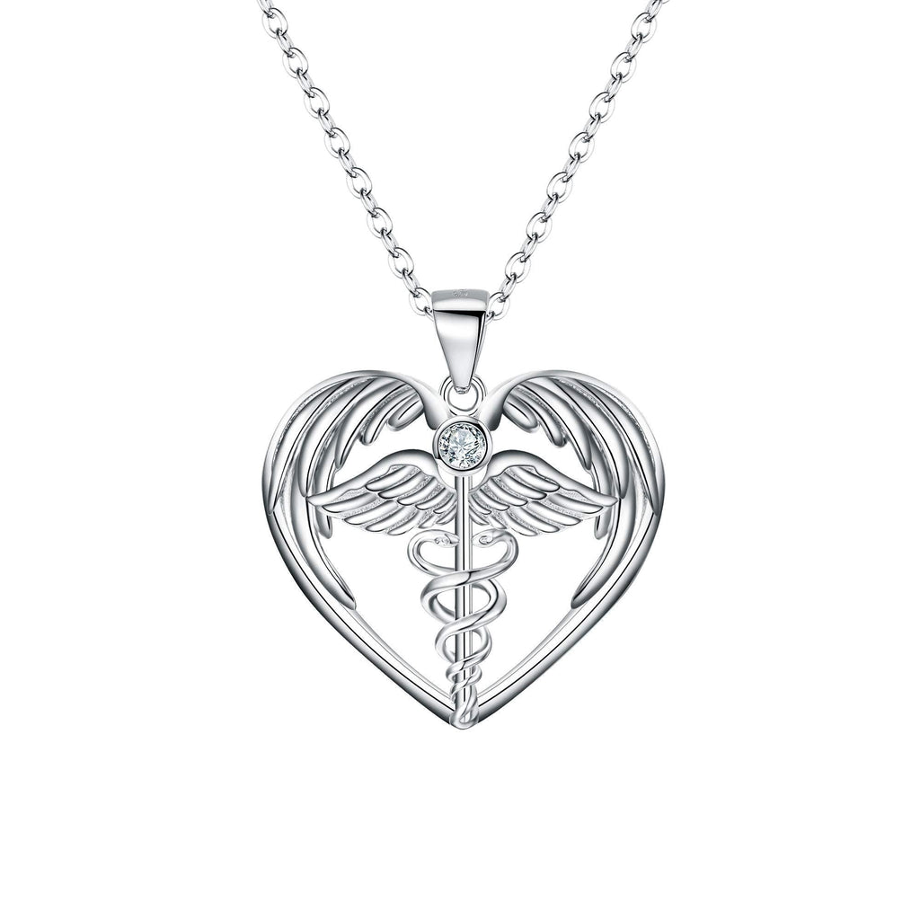 [Australia] - FANZE Graduation Gifts 925 Sterling Silver Caduceus Small Angel Wings Doctor Nurse Themed Love Heart Pendant Necklace With Adjustable Chain 20" 