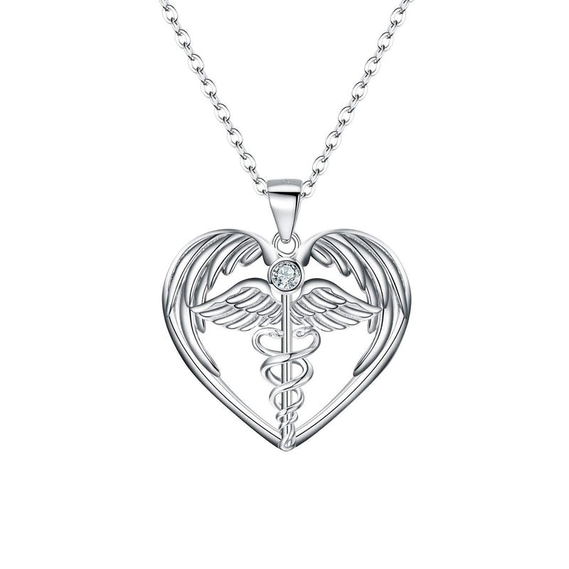 [Australia] - FANZE Graduation Gifts 925 Sterling Silver Caduceus Small Angel Wings Doctor Nurse Themed Love Heart Pendant Necklace With Adjustable Chain 20" 
