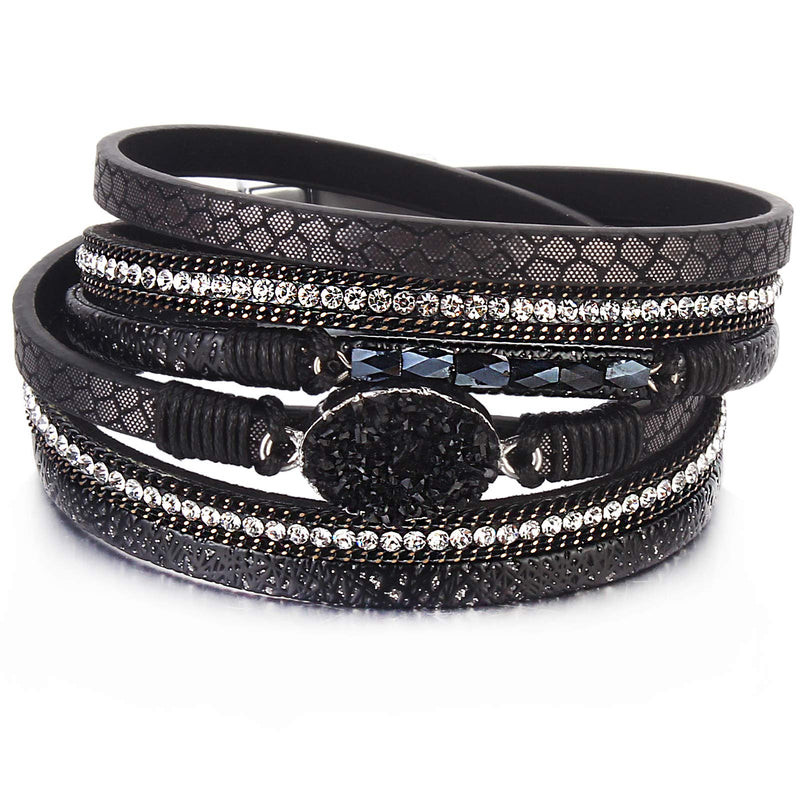 [Australia] - FANCY SHINY Leather Wrap Bracelet Boho Cuff Bracelets Crystal Bead Bracelet with Magnetic Clasp Jewelry Gifts for Women Teen Girls Black 14.7 Inches 