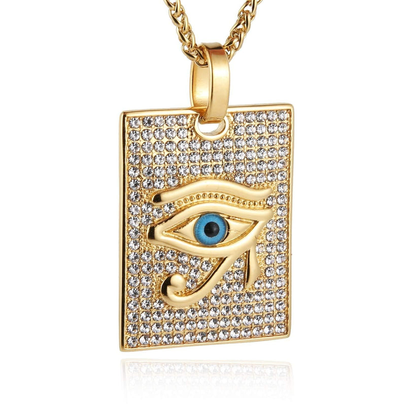 [Australia] - HZMAN 18k Gold Plated Iced Out Eye of Horus Egypt Protection Cross Dog Tag Pendant Stainless steel Necklace Dog Tag - Blue 
