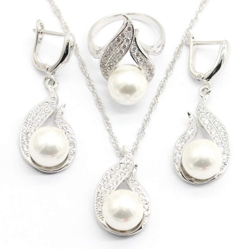 [Australia] - Aixili White Freshwater Pearl Jewelry Set for Women Silver White Gold Plated Necklace Pendant Drop Earring Rings Wedding Bridal Jewelry 9 