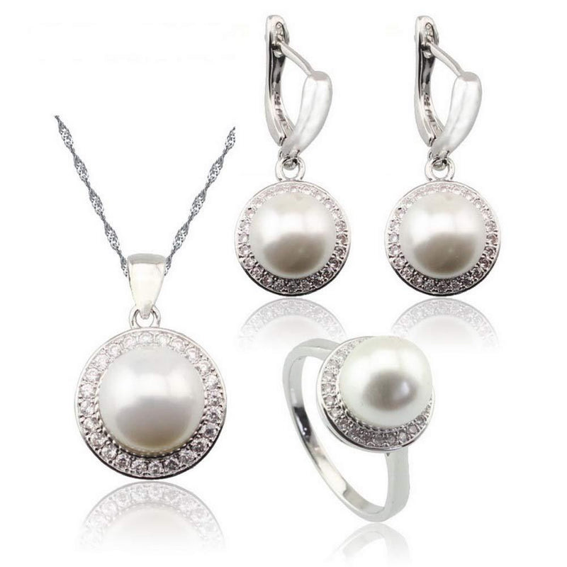 [Australia] - Aixili Round White Pearl Jewelry Set for Women White Gold Silver Plated Necklace Pendant Drop Earrings Wedding Engagement Jewelry 9 