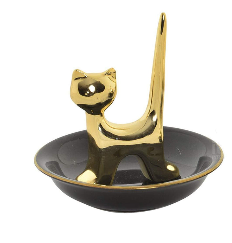 [Australia] - Item Gold Plated Cat on Black Porcelain Jewelry Dish Ring Holder, 4 inch Dia. 