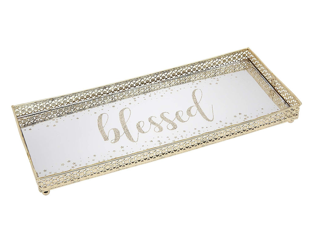 [Australia] - Philip Whitney Glass Jewelry Tray Vanity Dresser Perfume Organizer - Mirror - Blessed Champagne Glitter - 12.5x5 