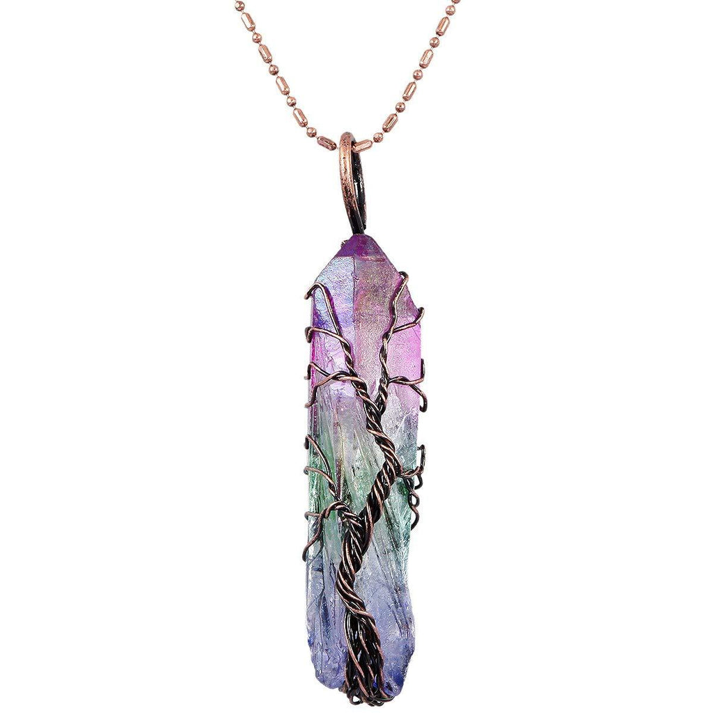 [Australia] - Nupuyai Natural Crystal Quartz Stone Pendant Necklace for Unisex, Titanium Coated Rock Crystal Pendant with Chain 1#copper 1# rainbow rock quartz 