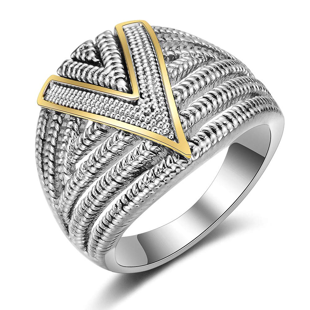 [Australia] - Mytys Silver 2 Tone Wide Statement Rings Vintage Cable Wire Crossover Chunky Band Rings for Women Men 2 Tone V 6 