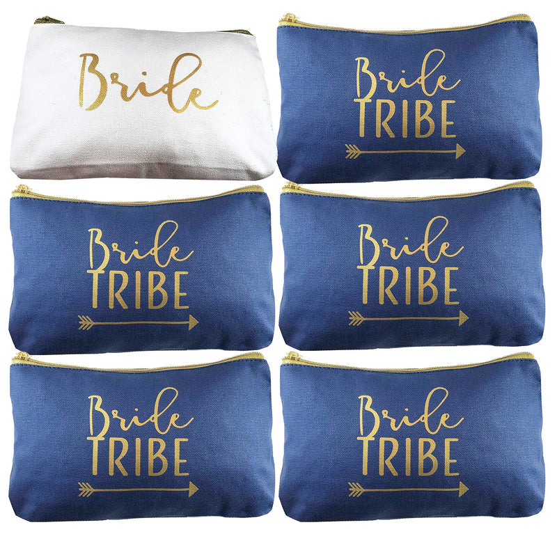 [Australia] - 6 Piece Set | Navy Blue Bride Tribe Canvas Cosmetic Makeup Clutch Gifts Bag for Bridesmaid Proposal Box & Bridesmaids Bachelorette Party Favors 6 Count 