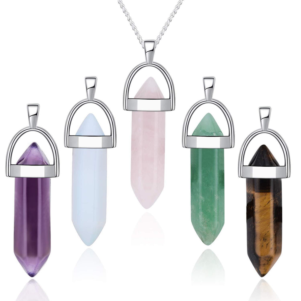 [Australia] - 5pcs Crystal Necklace Hexagonal Pendant Gemstone Chakra Healing stone Crystal Jewelry for Women Girls Men Birthday Gifts 