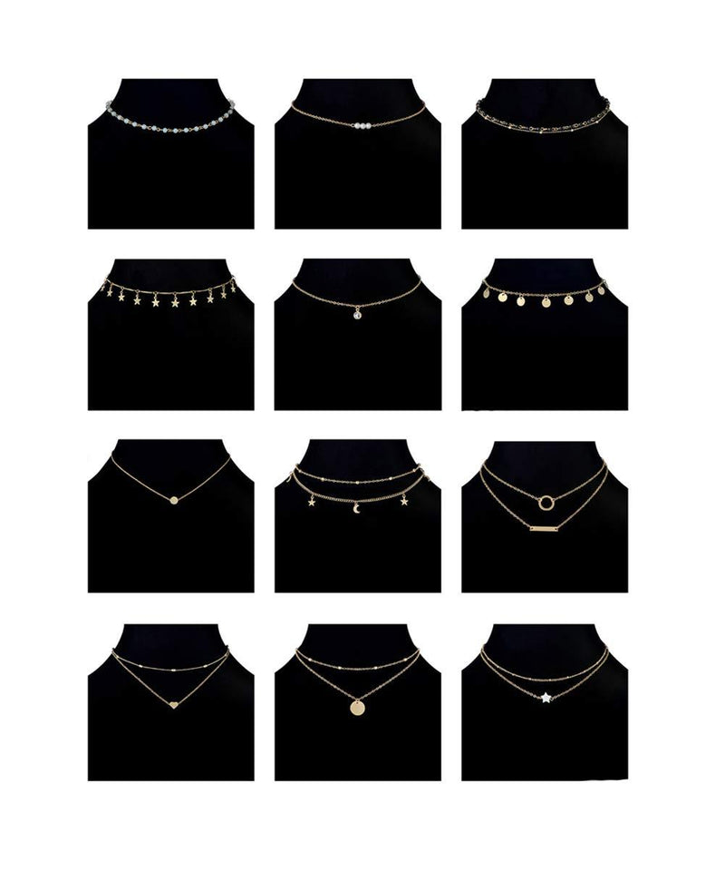 [Australia] - Ofeiyaa 12/16pcs Chain Gold Bead Necklace Coin Moon Star Pearl Pendant Chain Choker Multilayer Necklace Leather Cord Set for Women Men Adjustable Gold Tone A:12pcs(Gold K) 