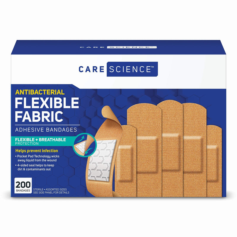 [Australia] - Care Science Antibacterial Fabric Adhesive Bandages, 200 ct Bulk Assorted Sizes | Flexible + Breathable Protection Helps Prevent Infection for First Aid and Wound Care 200 Count (Pack of 1) 