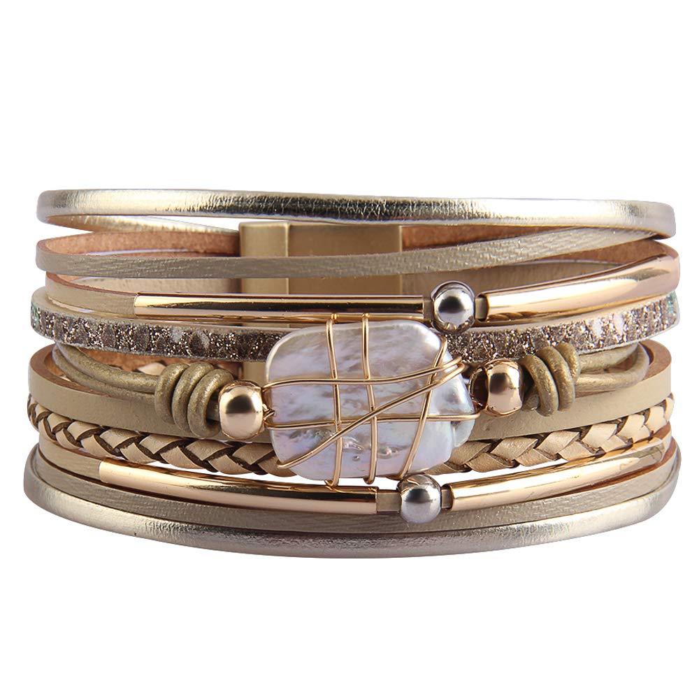 [Australia] - AZORA Womens Leather Cuff Bracelet Baroque Pearl Wrap Bracelets Gorgeous Gold Tube Bangle Handmade Wristbands Jewelry Bohemian Gift for Women, Teen Girls, Mother Baroque pearl leather bracelet-beige 
