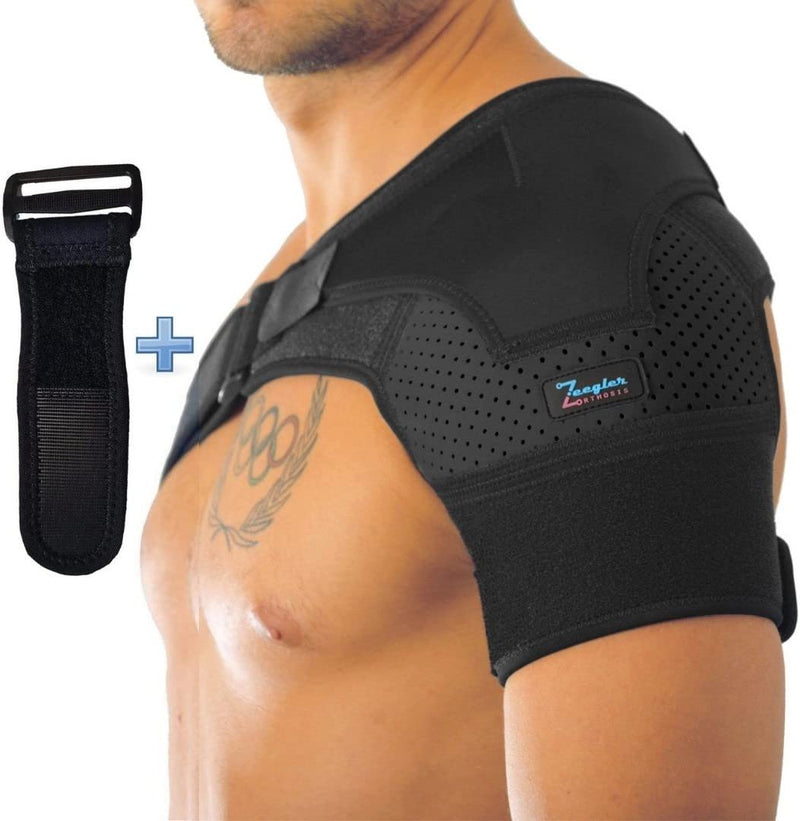 [Australia] - Shoulder Support Brace + Free Extension for Men and Women by Zeegler Orthosis - Adjustable Sleeve Compression and Stability for Chronic Pain, Aches in Injuries Such as Torn Rotator Cuff Dislocated AC Joint Subluxation Tears and Sprain (M-XL) (Left-Right) 