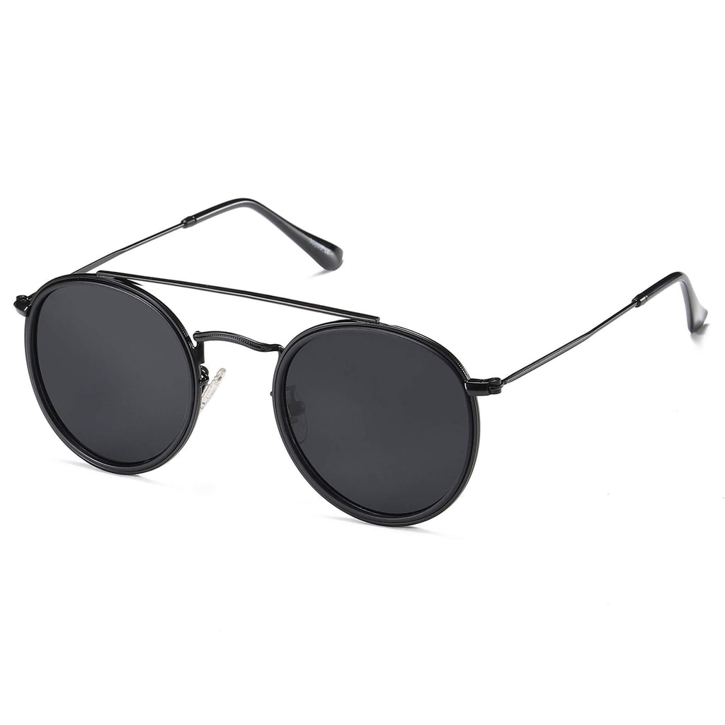 [Australia] - SOJOS Small Retro Round Polarized Sunglasses UV400 Double Bridge Sunnies SUNSET SJ1104 0c01 Black Frame/Matte Black Rim/Grey Lens 50 Millimeters 