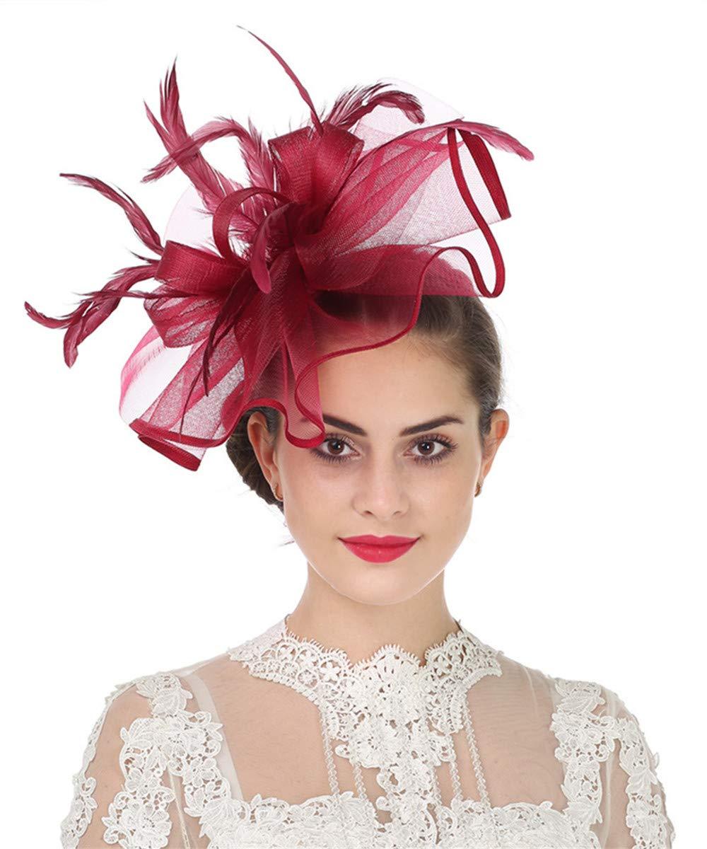 [Australia] - Lucky Leaf Girl Lady Hat Headwear Organza Church Feather Clip Fascinators Hat Wedding Party Kentucky Derby Cap for Women 5-burgundy 