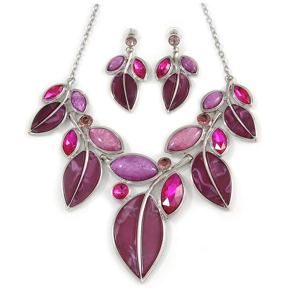 [Australia] - Avalaya Statement Purple/Magenta Glass, Crystal Leaf Necklace and Drop Earrings in Rhodium Plating - 40cm L/ 8cm Ext 