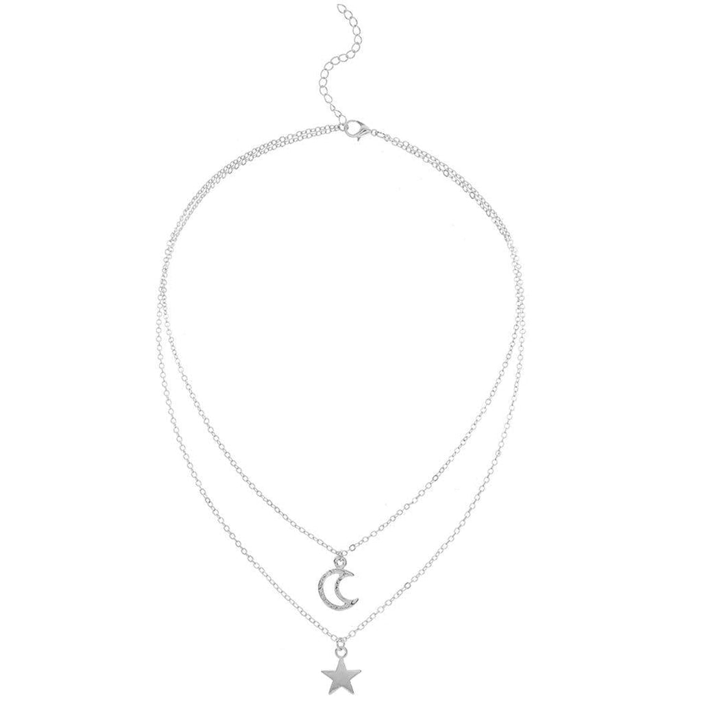 [Australia] - Tgirls Boho Layered Necklace Moon with Star Pendant for Women and Girls XL-33 (Silver) 