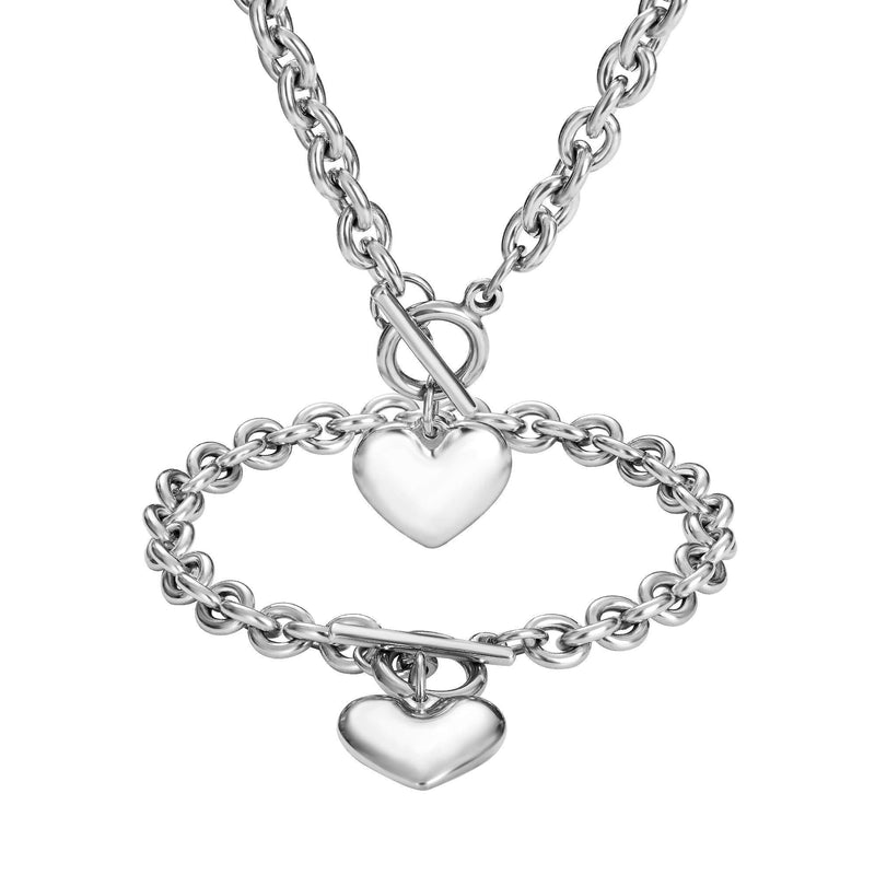 [Australia] - W/W Lifetime Heart Chain Necklace + Heart Bracelet for Women Girls Love Charm Toggle Chain Jewelry Set Stainless Steel 18K Gold/Silver Valentines Gifts White 18" necklace+8" bracelet 