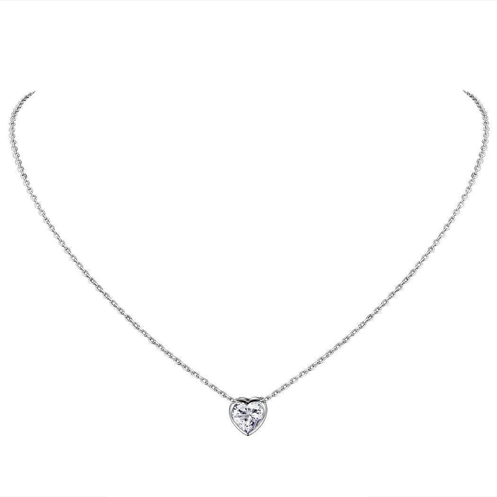 [Australia] - 925 Sterling Silver Heart/Bead Charm, Cubic Zirconia/Rainbow Topaz Dainty Love Heart Necklace with 16"+2" Adjustable Cable Chain, Gifts for Women Girls White Stone Heart-Silver not custom 