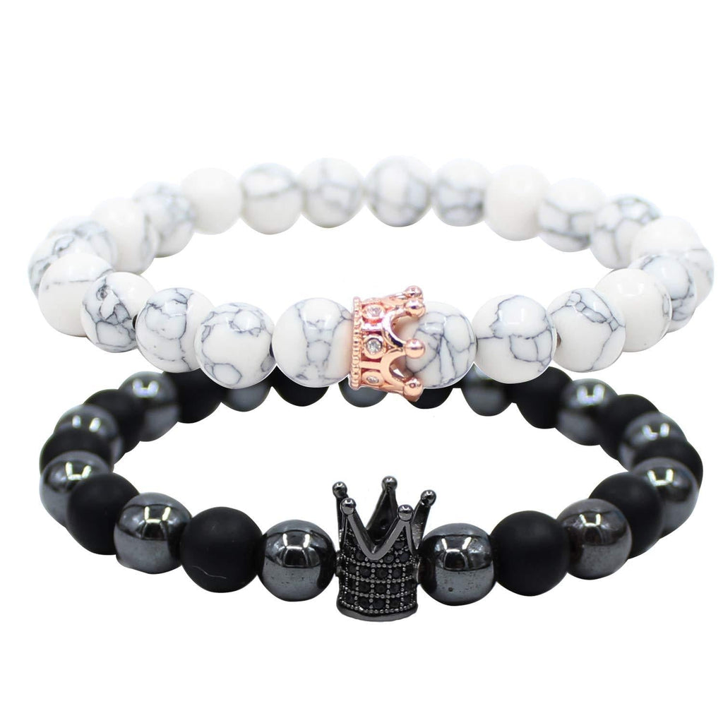 [Australia] - UEUC King&Queen Crown Distance Couple Bracelets His and Her Friendship 8mm Beads Bracelet Big Black Crown/Rose Gold Crown 