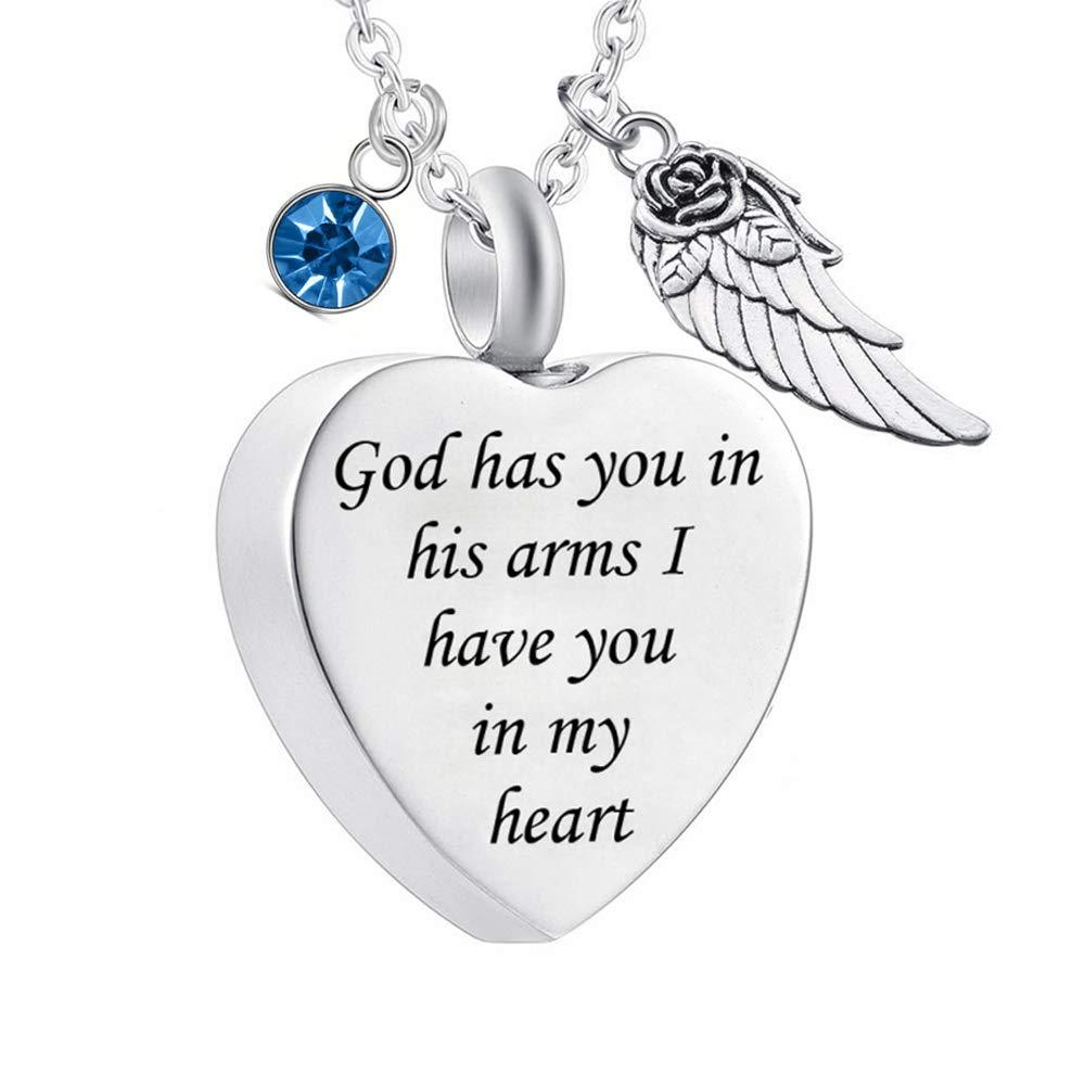 [Australia] - God has You in his arms with Angel Wing Charm Cremation Ashes Jewelry Keepsake Memorial Urn Necklace with Birthstone Crystal March 