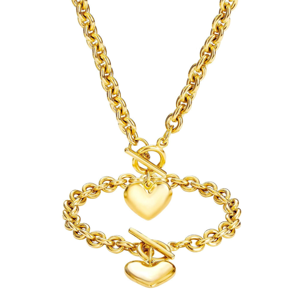 [Australia] - W/W Lifetime Heart Chain Necklace + Heart Bracelet for Women Girls Love Charm Toggle Chain Jewelry Set Stainless Steel 18K Gold/Silver Valentines Gifts 18" necklace+8" bracelet 