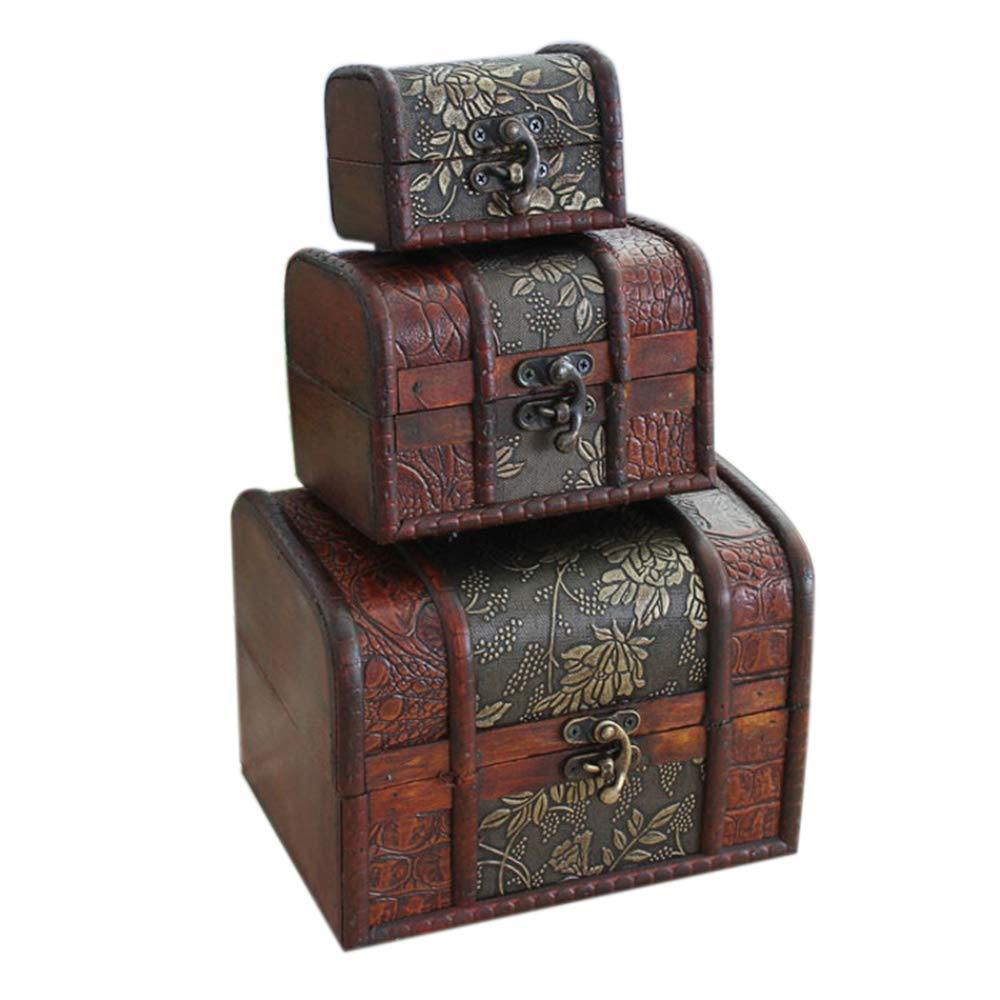 [Australia] - Hofumix Jewelry Boxes Wooden Treasure Box Vintage Treasure Chest Handmade Box Rings Case with Metal Lock for Storing Jewelry Treasure Pearl Cosmetics 3PCS(S,M,L) 