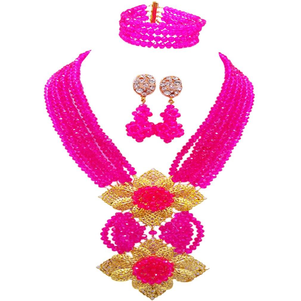 [Australia] - aczuv Fashion African Bead Necklace Nigerian Beads Wedding Jewelry Sets for Women Fuchsia Pink 