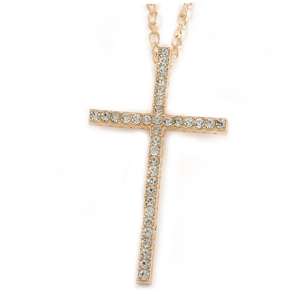 [Australia] - Avalaya Large Crystal Cross Pendant with Chunky Long Chain in Gold Tone - 70cm L 