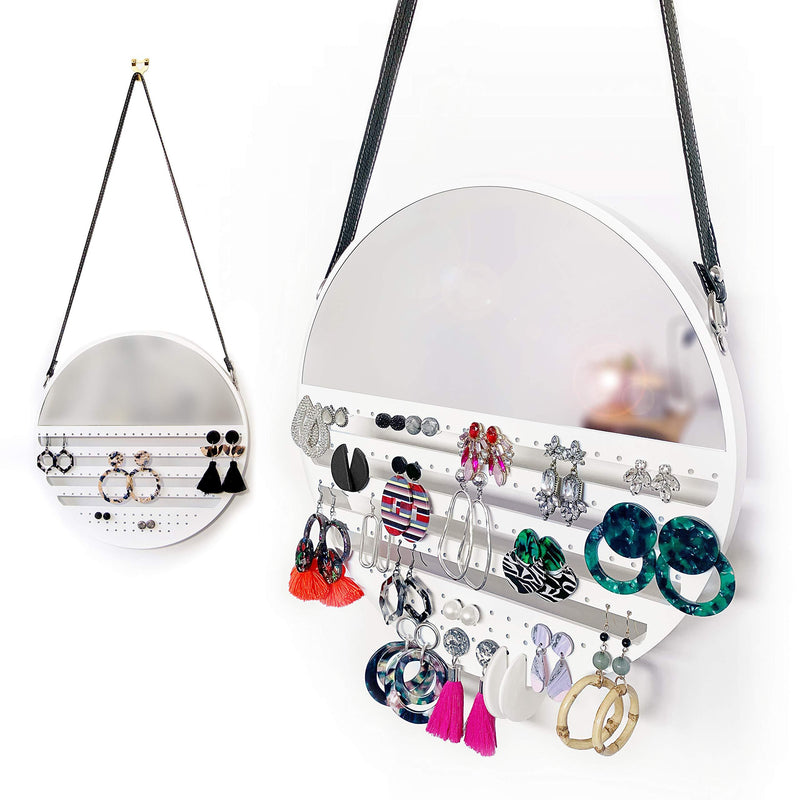[Australia] - Earring Organizer Hanging with Mirror, 12 inches - Unique Earring Organizer and Holder for Studs, Hooks - Decorative Earring Storage Earring Display Wooden Earing Holder Organizer 