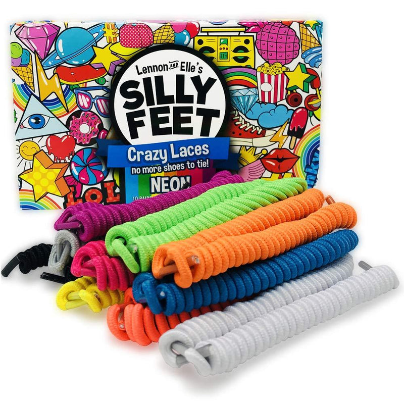 [Australia] - Silly Feet No Tie Shoelaces Kids Shoe Laces Curly Twisty Elastic Shoe Strings Children Toddler Laces 10 Pairs Neon 