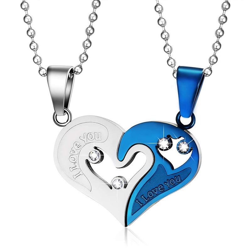 [Australia] - I Love You Engraved Couples Necklace Couples Gifts 20" Chain Puzzle Matching Couples-Silver Blue Heart 