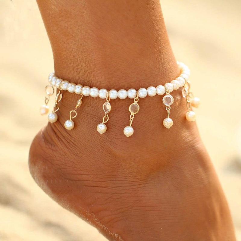 [Australia] - Zoestar Boho Tassel Pearl Anklet Bracelet Gold Crystal Foot Accessories Jewelry for Women and Girls 1PC 
