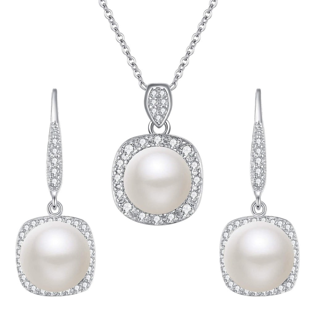 [Australia] - EVER FAITH 925 Sterling Silver CZ Pearl Square Shaped Elegant Bridal Necklace Leverback Earrings Set 