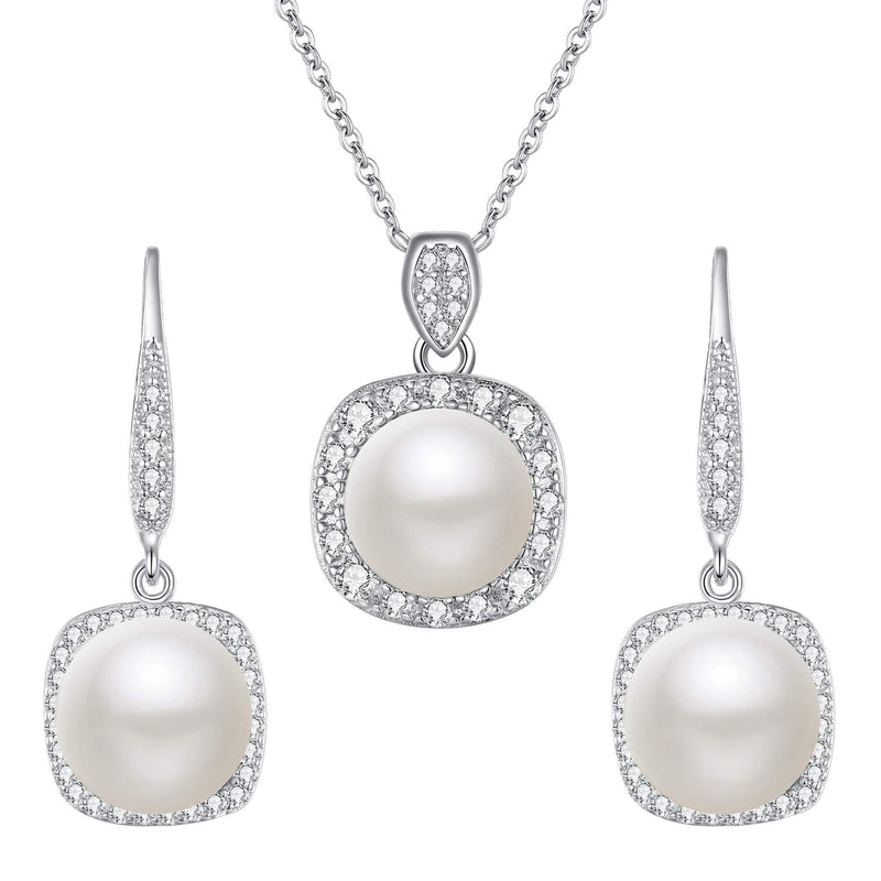 [Australia] - EVER FAITH 925 Sterling Silver CZ Pearl Square Shaped Elegant Bridal Necklace Leverback Earrings Set 