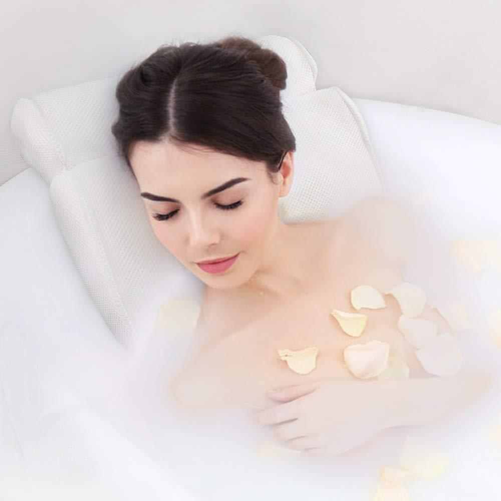 [Australia] - YQN Bath Pillow, Bathtub Spa Pillow with 4D Air Mesh Technology and 6 Suction Cups, Helps Support Head, Back, Shoulder and Neck, Fits All Bathtub, Hot Tub, Jacuzzi and Home Spa White 