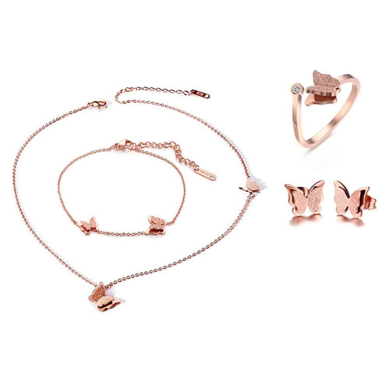 [Australia] - Cupimatch Butterfly Bracelet Ring Earrings Necklace Set, 18k Rose Gold Plated Love Jewelry Gift Set for Women Girls 