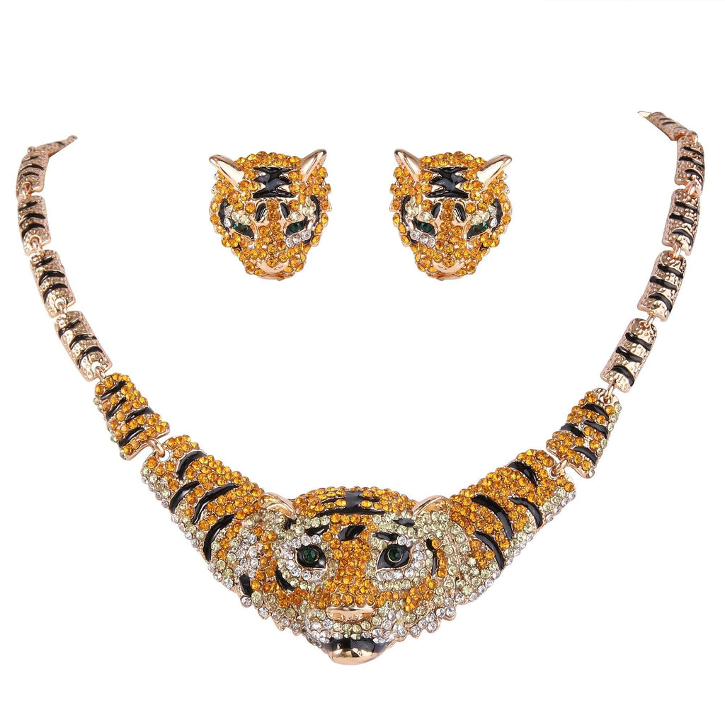 [Australia] - EVER FAITH Austrian Crystal Enamel Big Tiger Head Necklace Stud Earrings Set Brown Gold-Tone 