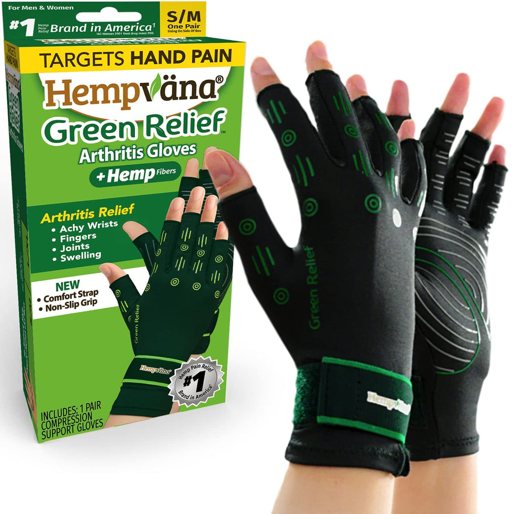[Australia] - Hempvana Green Relief Arthritis Gloves Woven with Hemp Fibers, As Seen On TV, Advanced Compression to Help Relieve Pain & Swelling, Adjustable Wrist Strap for the Ultimate Fit, Non-Slip Grip, S/M Small/Medium (Pack of 2) 