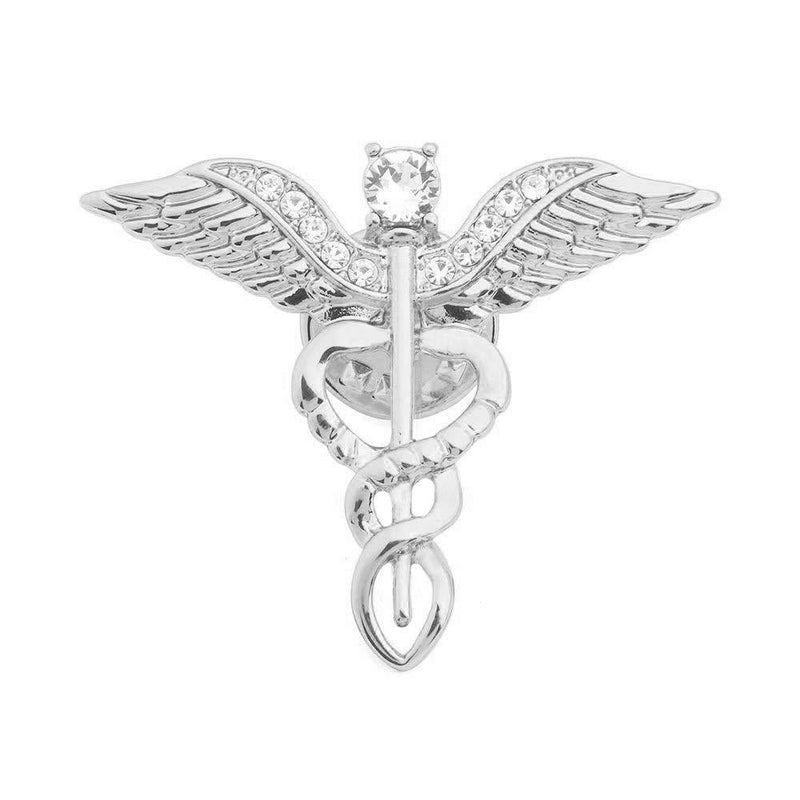 [Australia] - QIAN0813 Medical Symbol Caduceus Stethoscope RN Nursing Badge Brooches Lapel Pin for Registered Nurse Doctor Rod of Asclepius Emergency Brooch Jewelry Angel Wing-Silver 