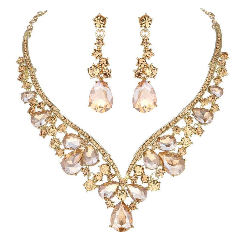 [Australia] - Youfir Rhinestone Crystal V-Shaped Bridal Wedding Necklace Earrings Jewelry Set for Brides Gown Champagne 
