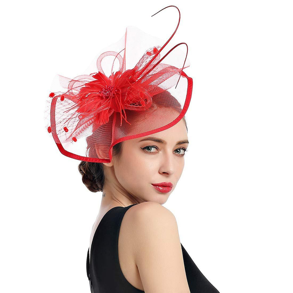 [Australia] - Women Fascinators Kentucky Derby Hair Clip Headband Wedding Tea Party Hat Mesh Feathers Hairband 5-red 