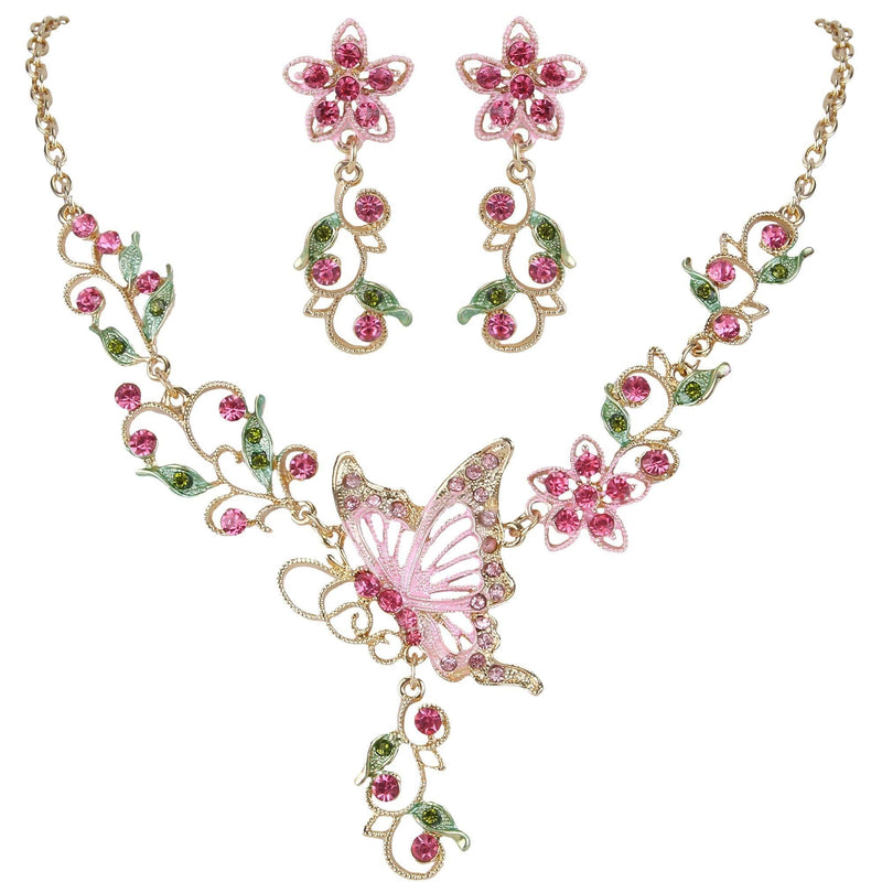 [Australia] - EleQueen Women's Austrian Crystal Butterfly Flower Leaf Necklace Earrings Set Gold-Tone Pink 
