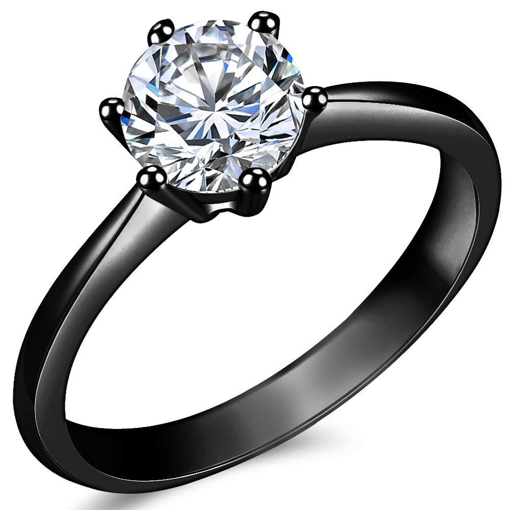 [Australia] - Size 3-13 1.0 Carat Classical Stainless Steel Solitaire Wedding Engagement Proposal Statement Ring Black 